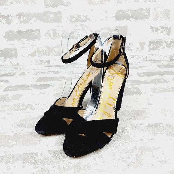 NEW Sam Edelman Yaro Black Suede Open Toe Ankle Buckle Heeled Sandals E168 - Picture 2 of 12